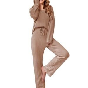 Ekouaer Women's Comfy Waffle Knit Pajama Set with Pockets